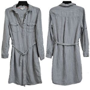 BODEN LINEN BLEND STRIPE BELTED LONG SLEEVE DENIM SHIRT DRESS WITH POCKETS 8L